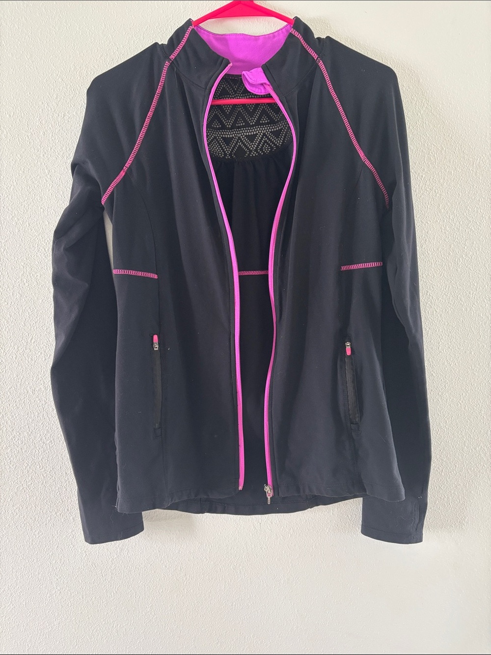 Women's Black Utility Jacket with Pink Trim - Lightweight Zip Front